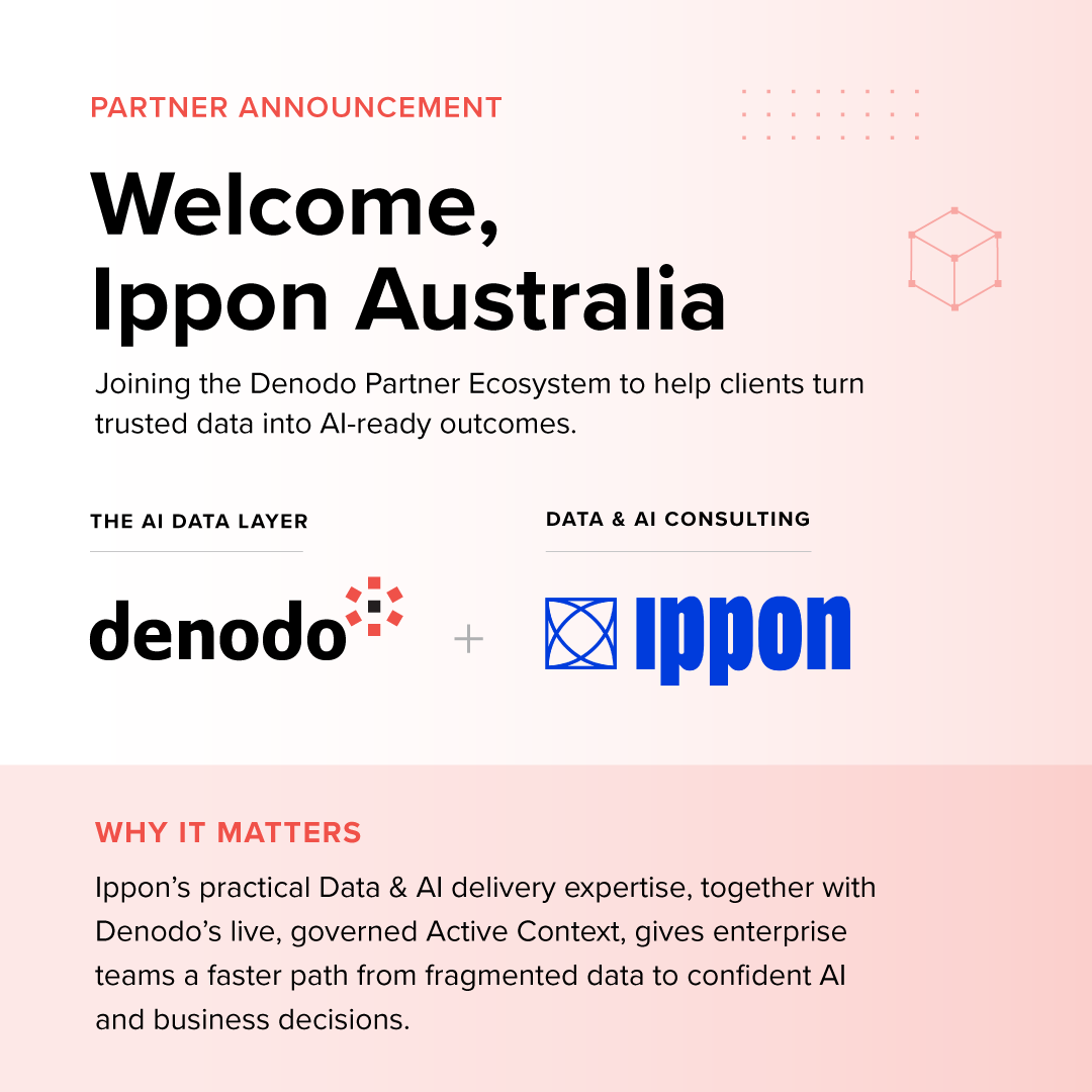 denodo's tweet photo. 🤝 Welcome @IpponAustralia to the #Denodo Partner Ecosystem!

Together, we’ll help Australian organisations unlock trusted, governed, real-time data for better business decisions and #AI 🚀 

#DenodoPartners #BetterTogether #ActiveContext #AIDataLayer #DataforALL https://t.co/nySMlKel5p