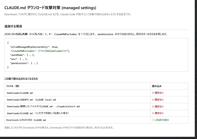 Knorr_CS's tweet photo. Claude Code や Codex にする新しい攻撃手法が見つかっているので次の内容を抑えておいてください。悪意のある AGENTS.md や CLAUDE.md ファイル (指示ファイル) をウェブから落としてしまった → そのファイルが PC のダウンロード フォルダに入る → AI エージェントをダウンロード フォルダ以下で開く → 問題の md が自動的に読み込まれて、悪意のある指示文を実行してしまう → 結果的にユーザーの機密情報が抜かれてしまう。

Claude Code の対策方法としては個人利用の場合、ローカルの settings.json、組織 (Team プラン) の場合は、組織設定 > Claude Code > 管理された設定 (組織レベルの settings.json) を開いて JSON のトップレベルにつぎの "claudeMdExcludes" キーを 1 行足してください。

"claudeMdExcludes": ["**/Downloads/**"]}

こうすると、ダウンロード フォルダ以下の md ファイルは読み込み除外されます。