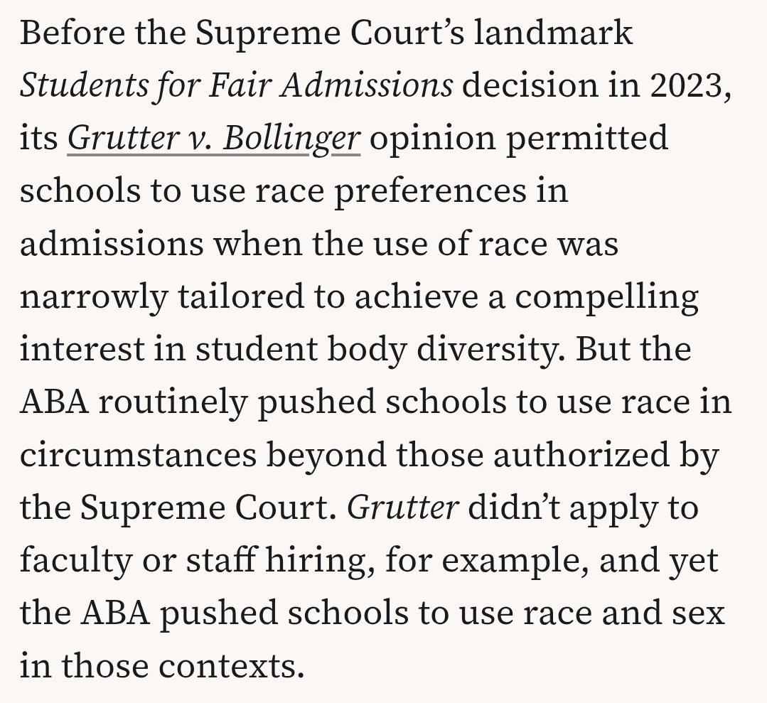 Russwarne's tweet photo. Regardless of what you think of the ABA's diversity rules, the fact that they thought their preferences overruled the Constitution and state statutes and constitutions shows that the ABA is unfit to function as a law school accreditor. https://t.co/nhW8XFcc3I