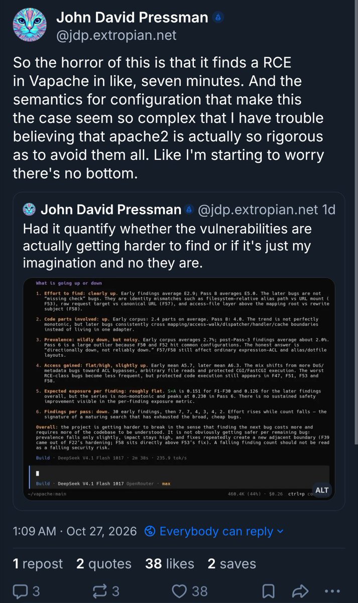 jd_pressman's tweet photo. "So the horror of this is that it finds a RCE in Vapache in like, seven minutes. And the semantics for configuration that make this the case seem so complex that I have trouble believing that apache2 is actually so rigorous as to avoid them all. Like I'm starting to worry there's no bottom."