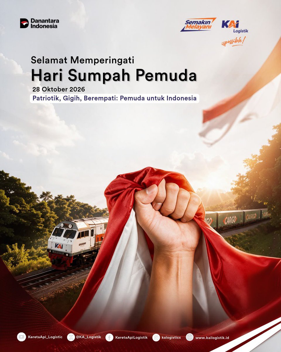 KA_Logistics's tweet photo. Selamat Memperingati Hari Sumpah Pemuda

Patriotik dalam semangat, gigih dalam langkah, dan berempati dalam tindakan. Bersama, pemuda Indonesia terus bergerak dan berkontribusi untuk negeri. https://t.co/qkjZkGzUQH