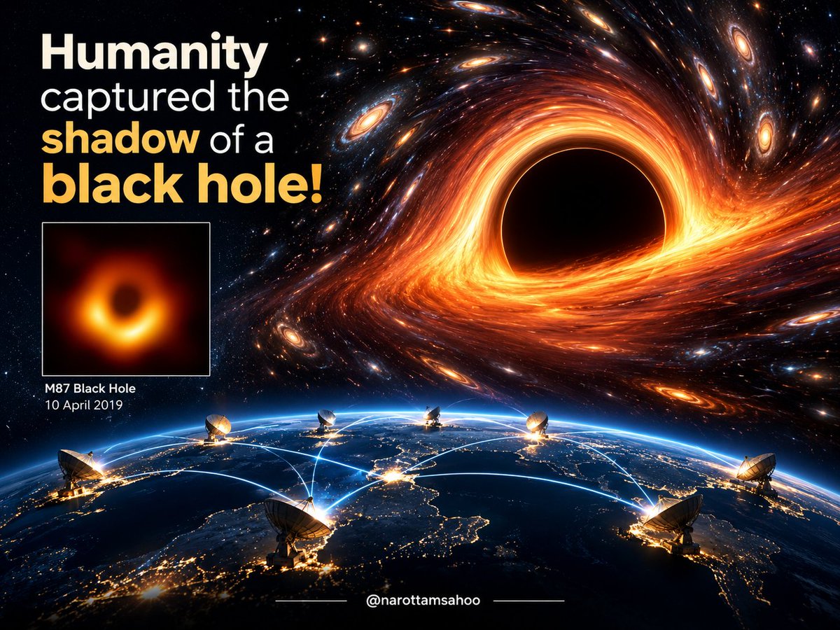 narottamsahoo's tweet photo. When humanity captured the shadow of a #BlackHole, the impossible became visible!

On 10 April 2019, the Event Horizon Telescope - eight radio observatories linked across #Earth - revealed the first image of a black hole in galaxy M87, 55 million light-years away, with a mass 6.5 billion times that of our #Sun.

More than 200 researchers transformed petabytes of data into a historic image, proving that when human #curiosity meets global #collaboration, even the darkest mysteries of the #Universe begin to reveal their secrets.

The Universe is vast. Our quest to understand it is even greater!