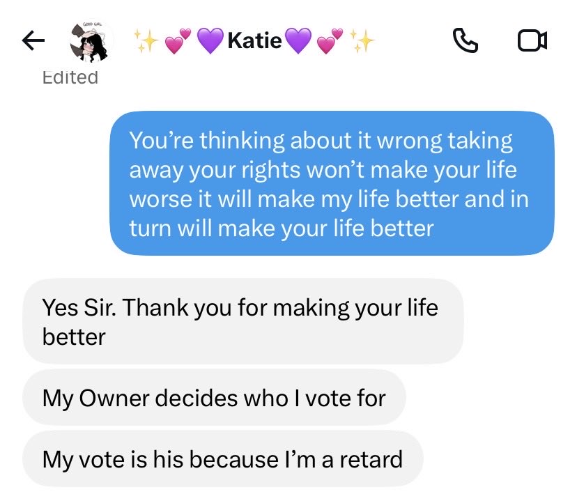 Jtopp37's tweet photo. Messages between retard Katie and myself 

It claims to need help being more girly but in the presence of a real man @katieisafreak knows what she really is 

#misogyny #detrans #ftmtf #patriarchy #inferior #spanking #discipline https://t.co/f7PmHml7S8