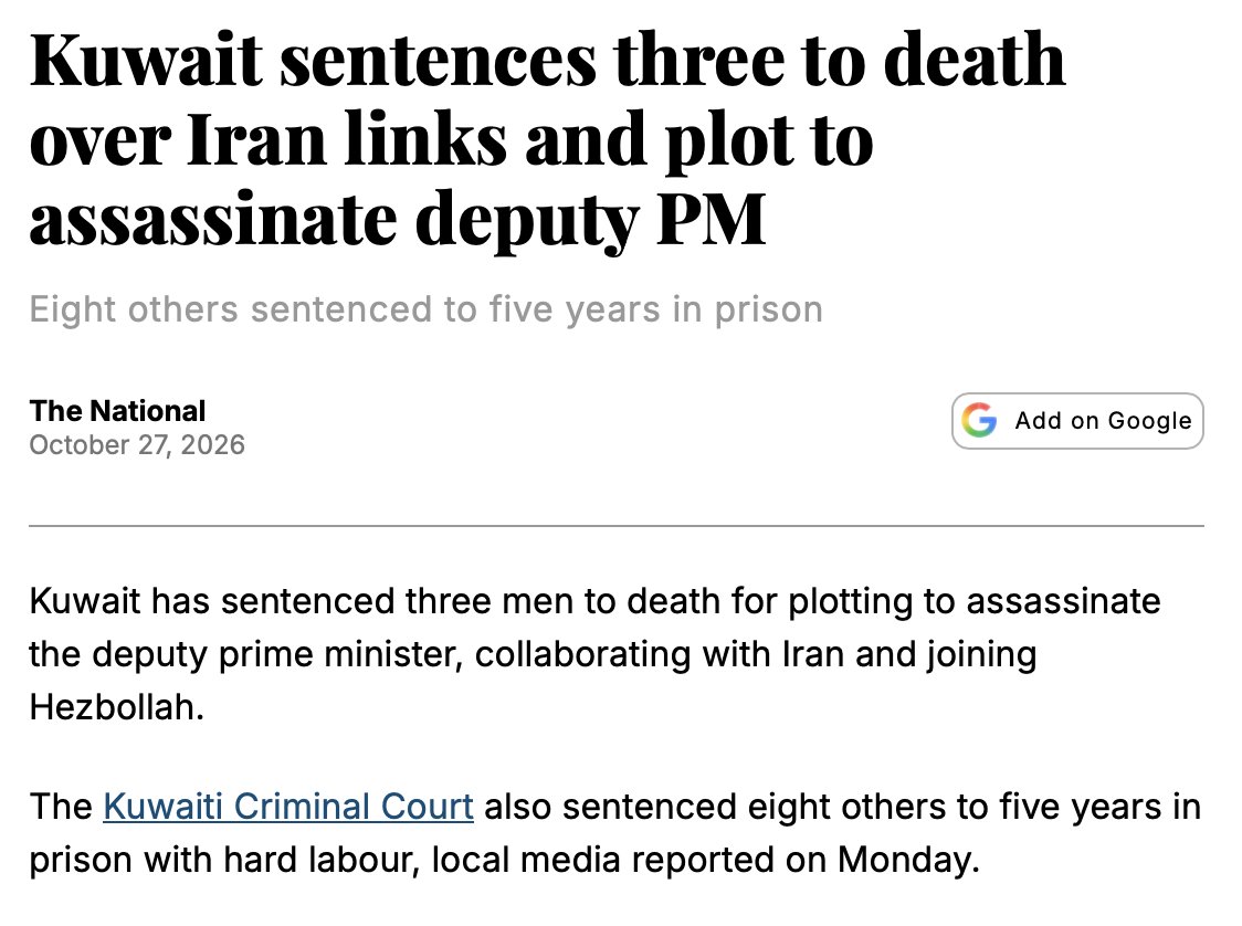 SamriBackup's tweet photo. #Kuwait has sentenced three men to death for plotting to assassinate the deputy prime minister, collaborating with #Iran and joining #Hezbollah.

https://t.co/xMRlXecDof https://t.co/zB7EL5TLFK