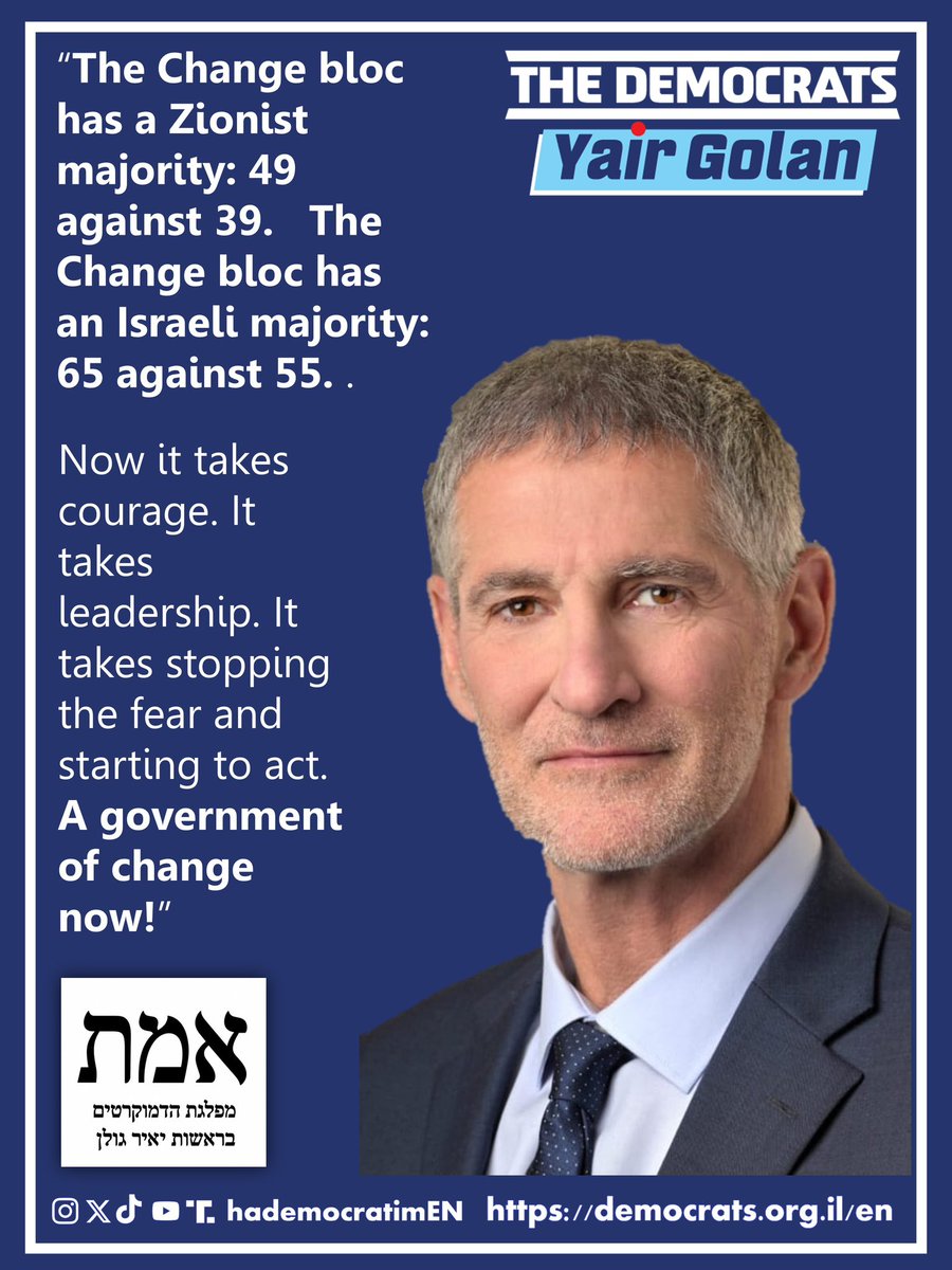 hademocratimEN's tweet photo. Netanyahu lost.
I know how to count to 120. 65 is more than 55. That's how Israeli democracy works. Period.
The picture of reality must teach us one resounding lesson: we have no future here if we don't stop being afraid. And if we don't stop with the racism. We must no longer accept Netanyahu's racist division between Jewish and Arab votes.  The voice of an Israeli citizen voting in Taybeh is worth exactly as much as the voice of an Israeli citizen voting in Givat Shmuel. No less. Not approximately. Exactly.
Anyone who tries to erase the voices of Arab citizens is surrendering to Netanyahu and giving up on Israel.
And now let's talk about Zionism.  In Netanyahu's bloc 16 Knesset members come from non-Zionist ultra-orthodox parties, who promote mass draft evasion while our children are fighting and dying.  If Netanyahu insists on counting only a Zionist majority, let him first subtract from his own bloc the 16 Knesset members from the non-Zionist Haredi parties.  They won't preach to us about Zionism.  The Change bloc has a Zionist majority: 49 against 39.   The Change bloc has an Israeli majority: 65 against 55.  We have a majority. We have responsibility. And we have an opportunity to form a government of change in partnership with Israel's Arab citizens. A government that will serve all Israeli citizens.  Now it takes courage. It takes leadership. It takes stopping the fear and starting to act.  A government of change now!
