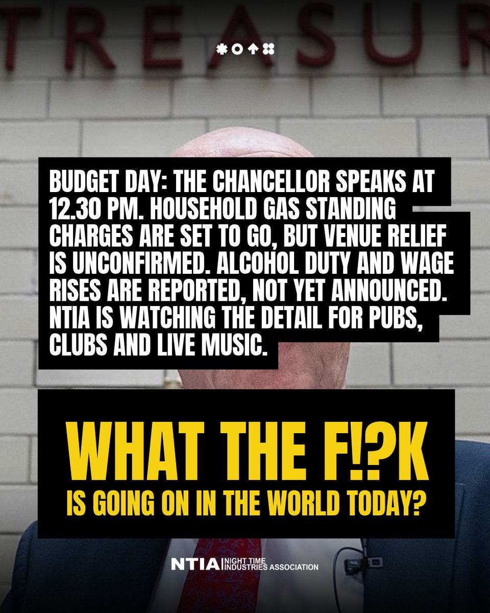 MickKill's tweet photo. Morning from NTIA. Budget day puts the cost of doing business firmly in focus. Chancellor John Healey speaks at 12.30 pm, with energy bills, tax and wages all in the spotlight. The Treasury has announced plans to remove gas standing charges for around 23 million homes by moving fixed costs into unit rates. It has not announced equivalent relief for venues.

Reports of higher alcohol duty and minimum wages are still predictions ahead of the speech. The Liberal Democrats have called for lower VAT on hospitality, but that is an opposition proposal. For pubs, clubs and live music spaces, the crucial detail will be what the Budget actually does for operating costs, jobs and customers’ spending power.

Beyond Westminster, Ukraine’s President Zelenskyy has urged the UK to accelerate defence spending. In Israel, exit polls point to no clear election winner, with coalition talks likely. Conflict in the Middle East remains a concern for energy prices. We will look closely at the published Budget and independent forecasts before judging the impact on our sector.