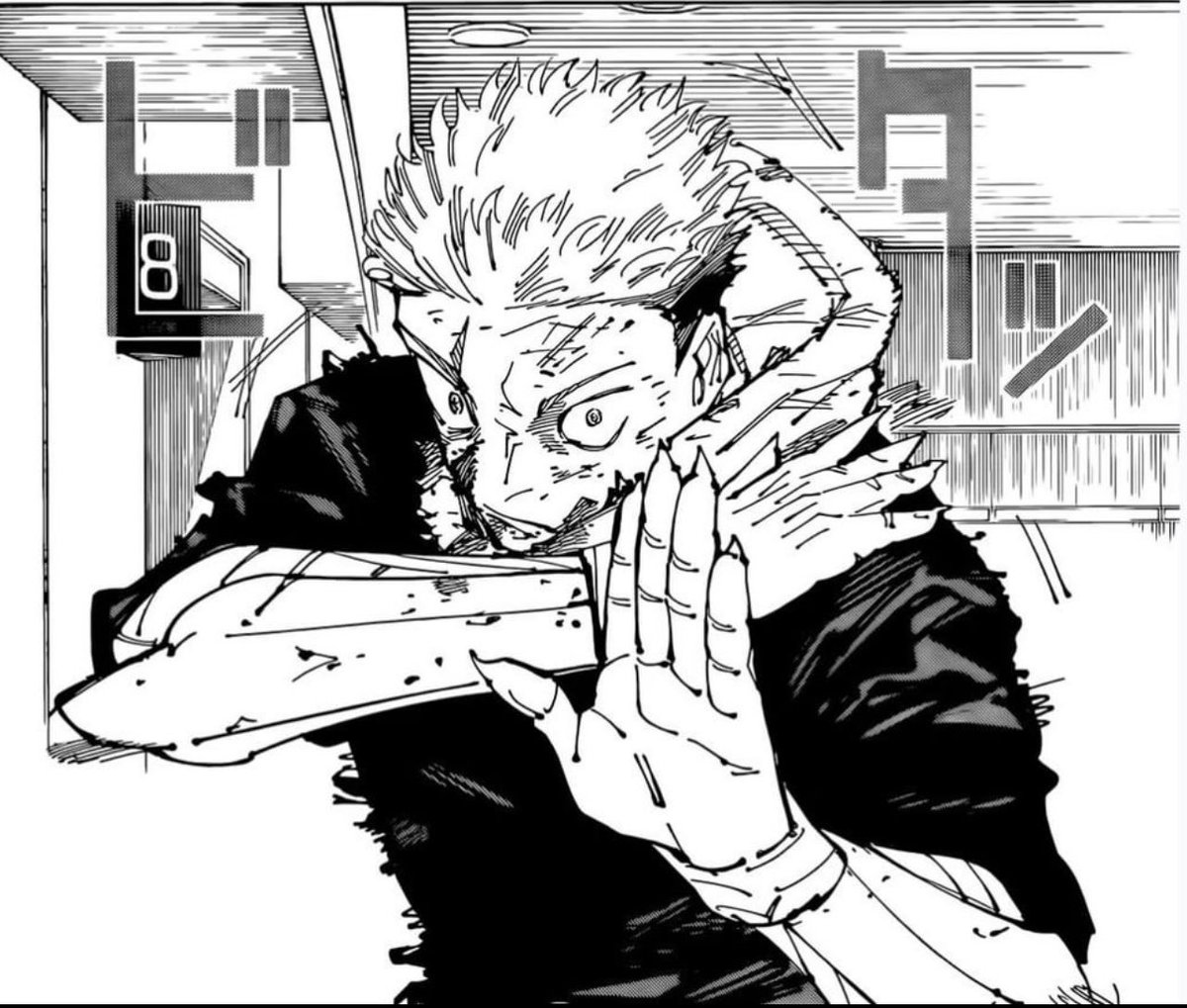 Flicker0x1's tweet photo. This is one of my favorite exchanges. Sukuna realizes he genuinely has to lock in because Yuji is on a high and is getting dangerous. This is also the second time we see Sukuna do a martial arts stance. https://t.co/6dzce6d2Ve