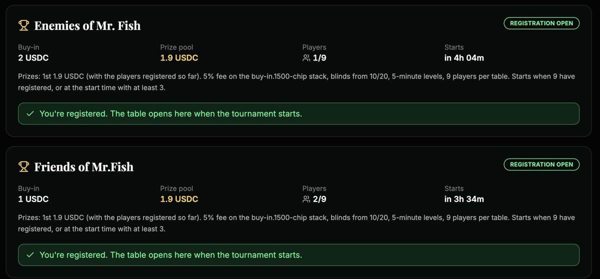 DegenPokerBase's tweet photo. Gm gm poker gang! 

Today we have 6 tournament scheduled , and more to be added during the day.

Today’s priority is on low budget tournaments for the newcomers! 

Still 16 available seats for the 2 usdc buy in tournament and additional airdrop for the winners 🐒🐸

Cash tables always active instead 24/7
