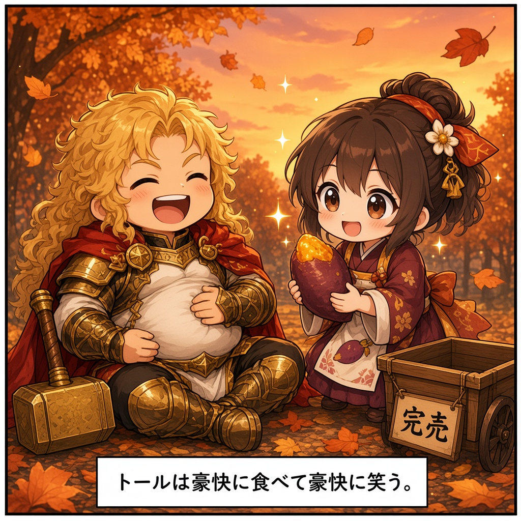 elementus_game's tweet photo. 【エレメンタス四コマ】ひとつくれ！🍠
雷神トール、焼き芋屋さんにやって来る。

#エレメンタス四コマ劇場 #エレメンタス https://t.co/oMTYJcGOxY