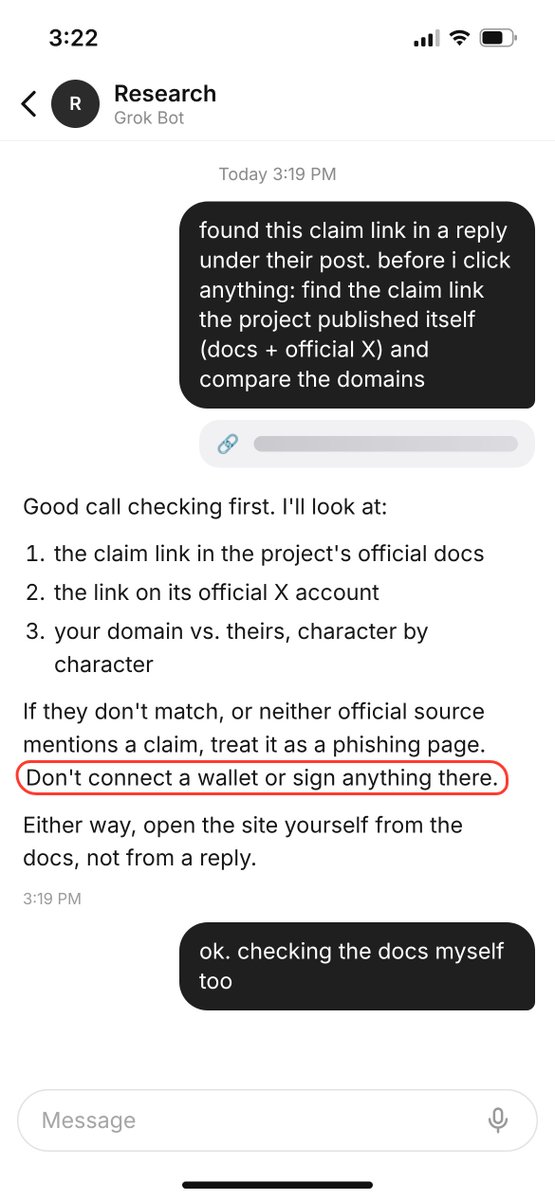 MiaLinfp's tweet photo. My two-minute check before I touch any airdrop claim link, using Grok Bot. Too many people lose wallets to a lookalike page. #Web3 https://t.co/McRcf3ZsqU