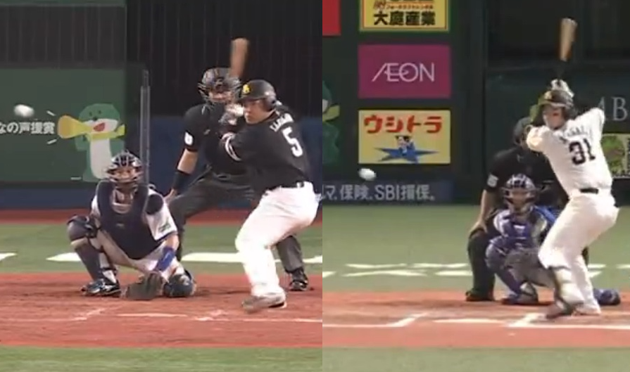 damejima's tweet photo. こんどは、こちらを見てもらいたい。
日本シリーズでの山川と正木だ。

この正木の、「グリップ位置」（苦笑）
呆れるほど「高い」。

ユーキリスやサトテルなどもそうだが、たとえ構えは高くても、打つ瞬間にわりと通常の高さになる。

ところが、正木は違う。
まさに「しばきたおす」のである。 https://t.co/WUzf8ep76o