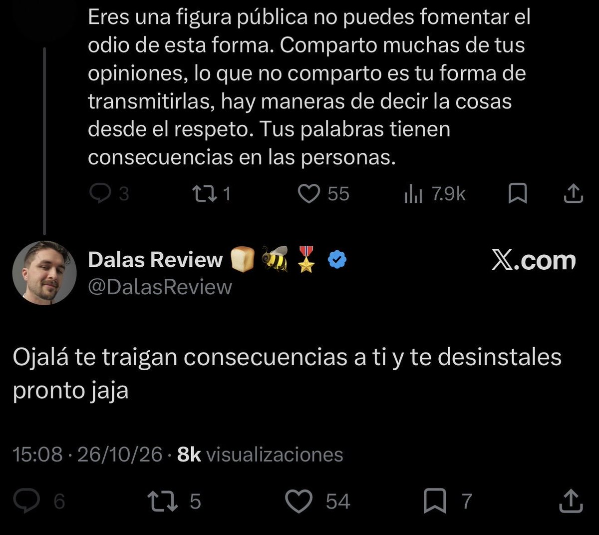 pepekat2's tweet photo. @ndeasere @santi_lindop Aquí ni siquiera le dice algo malo; solo le comenta que esas no son formas de expresar su opinión, y Dalas va y le dice que se suicide https://t.co/KXtXrPHdZP