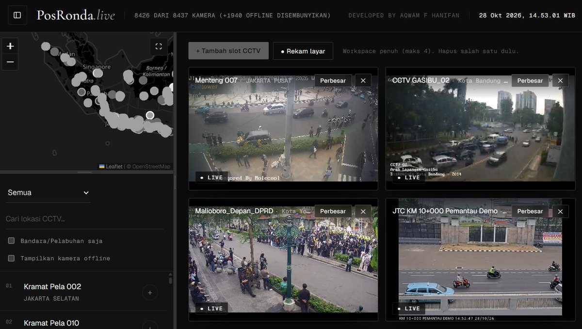 aqfiazfan's tweet photo. I built a tool to watch 8,000+ CCTV feeds across Indonesia to follow today’s protests. I added a recording feature on purpose, so you can record and save videos straight to your Drive. To avoid cyberattacks, I’m keeping the link private. DM me if you want🤟 https://t.co/wgCxOhbN7n