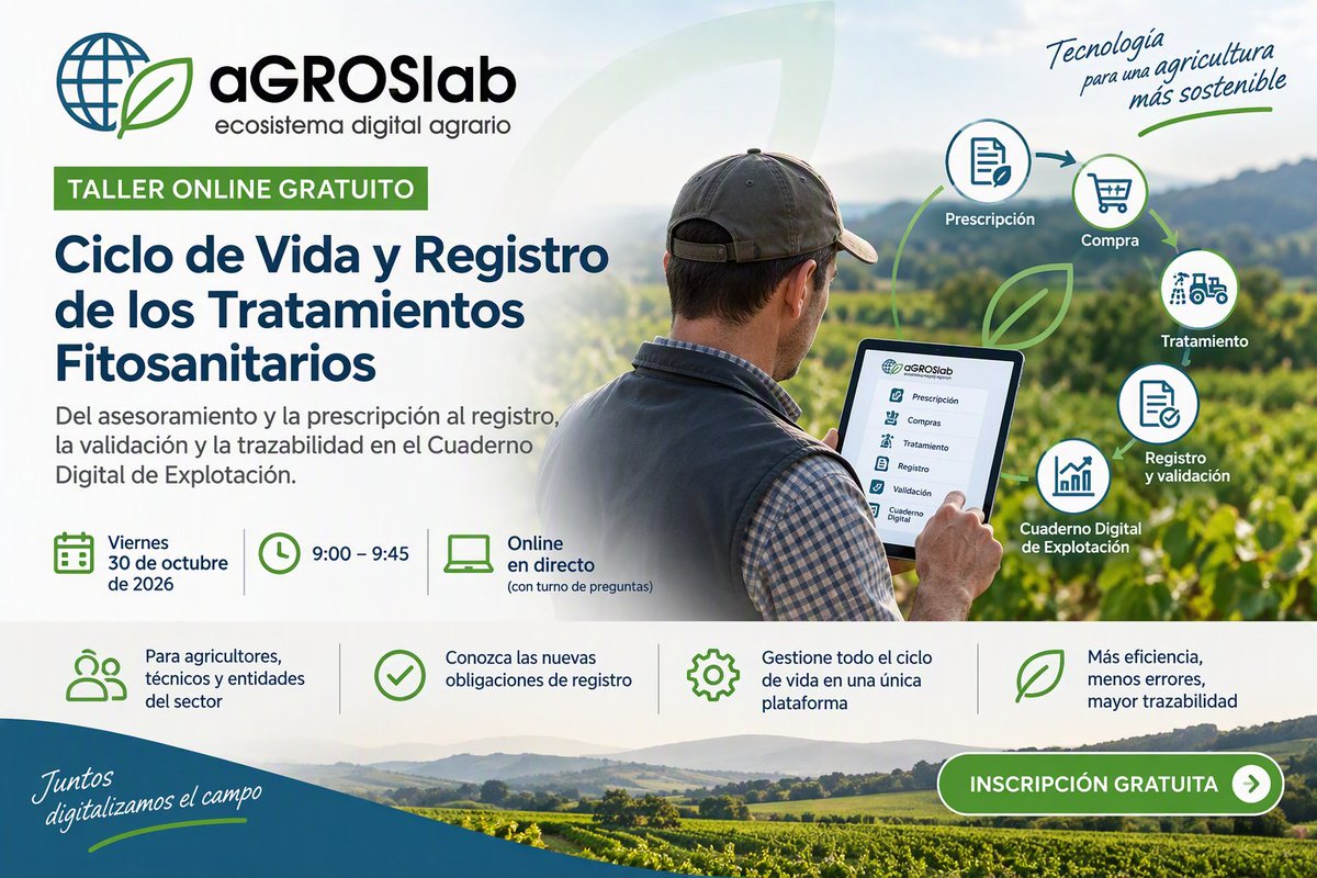aGROSLabCE's tweet photo. 🌱 Taller online gratuito: Gestión y Registro de los Tratamientos Fitosanitarios.
📅30/10/2026 | 🕘9:00-9:45 | 💻 Online
👉Más información e inscripción en el enlace: https://t.co/z0YQFqwitX
#AgriculturaDigital #CuadernoDigital #Fitosanitarios #aGROSlab #GestionAgraria #AgTech https://t.co/u300BMZAR9