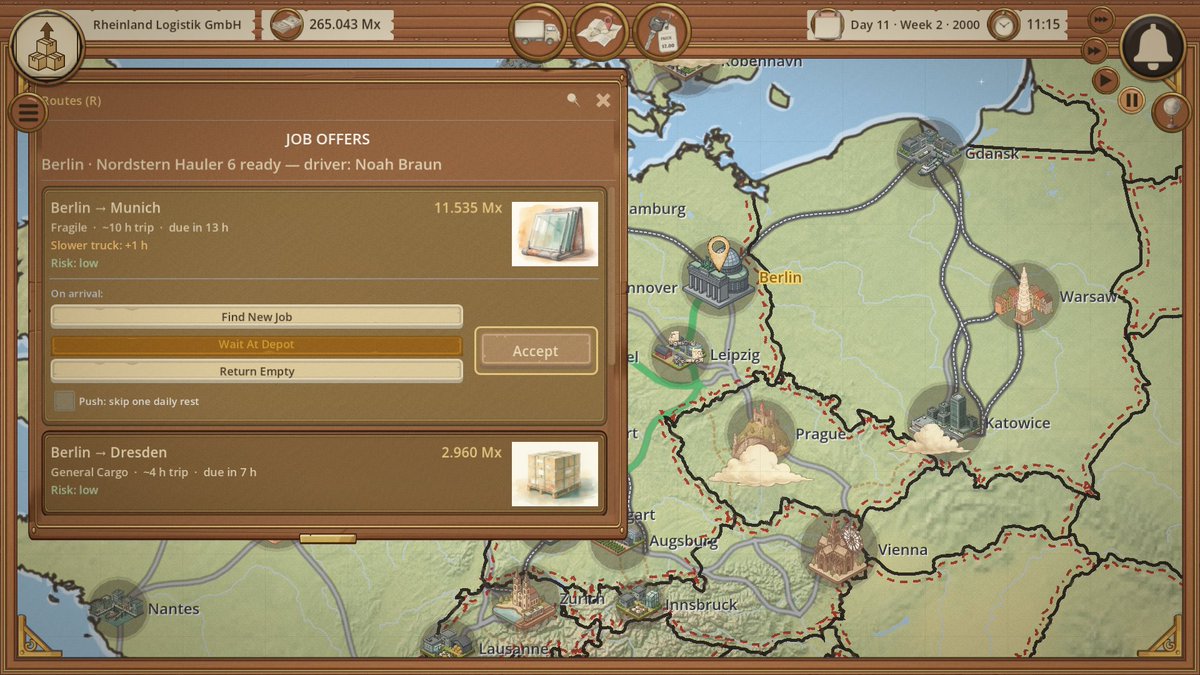 pixcodream's tweet photo. Berlin → Munich, fragile glass, 13 hours to deliver. Your driver is ready.

Every job tells you the truth up front. Take it, or wait for something better? 🚚

Convoy Inc. https://t.co/kNOypoAZIR

Trailer: https://t.co/JzeLy2qqwW

#ScreenshotWednesday #indiedev #gamedev #tycoon https://t.co/mq4zSELbLq