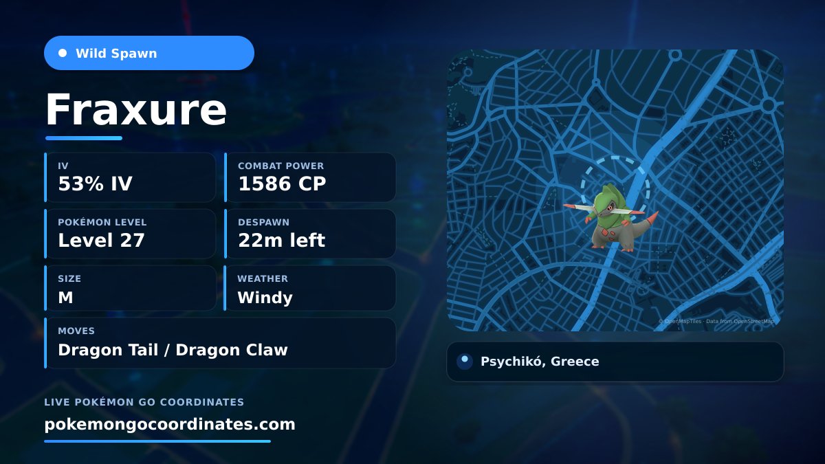 CoordsPokemonGo's tweet photo. Rare #Fraxure Wild Spawn
53% IV • 1586 WP • Level 27 • Size M
Moves: Dragon Tail/Dragon Claw
Weather: Windy
🇬🇷 Psychikó, Greece
Despawns in 22 minutes
37.996888,23.767420
#RareSpawn • #PGSharp https://t.co/ygi1xry4BX