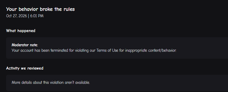 crim929's tweet photo. @Roblox I had recently gotten banned as seen in my last post for no apparent reason but I was told by a friend that there was a ban wave for macros but all I have ever used is a auto clicker and I have gotten no direct answer as the reason didn't tell me anything specific. https://t.co/4z6y3tIBWS