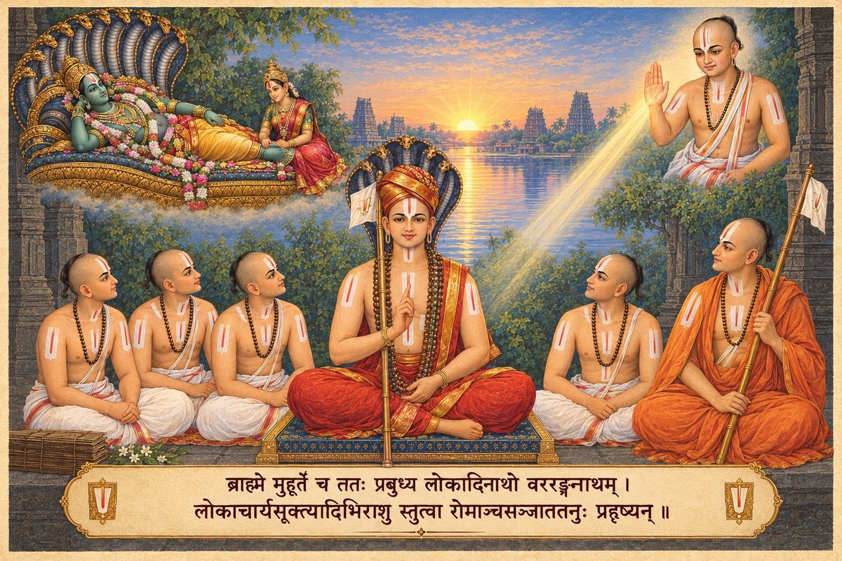 BMidou124's tweet photo. ब्राह्मे मुहूर्ते च ततः प्रबुध्य लोकादिनाथो वररङ्गनाथम् ।
लोकाचार्यसूक्त्यादिभिराशु स्तुत्वा रोमाञ्चसञ्जाततनुः प्रहृष्यन् ॥
Vara Varamuni Ashtakam second verse. https://t.co/NCns7dBagB
