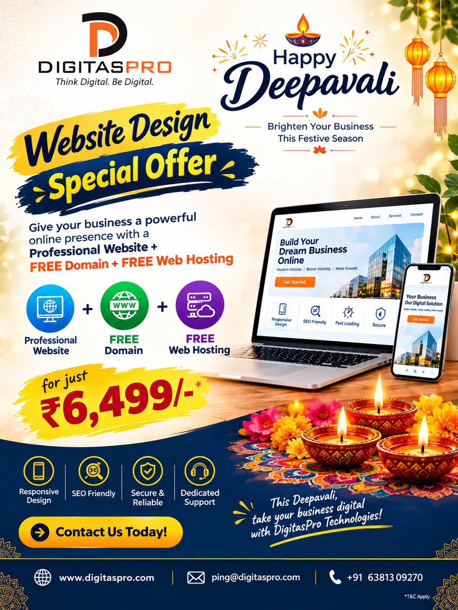 digitaspro's tweet photo. 🪔✨ Celebrate Deepavali with DigitasPro! Get a Professional Website + FREE Domain + FREE Web Hosting for just ₹6,499/-! 🚀🎉
🌐 https://t.co/0zFsZK3512 | 📞 +91 6381309270
*T&C Apply.
#DeepavaliOffers #WebsiteDesign #FreeDomain #FreeWebHosting #DigitasPro #DigitalGrowth https://t.co/LhBu9jJcnl