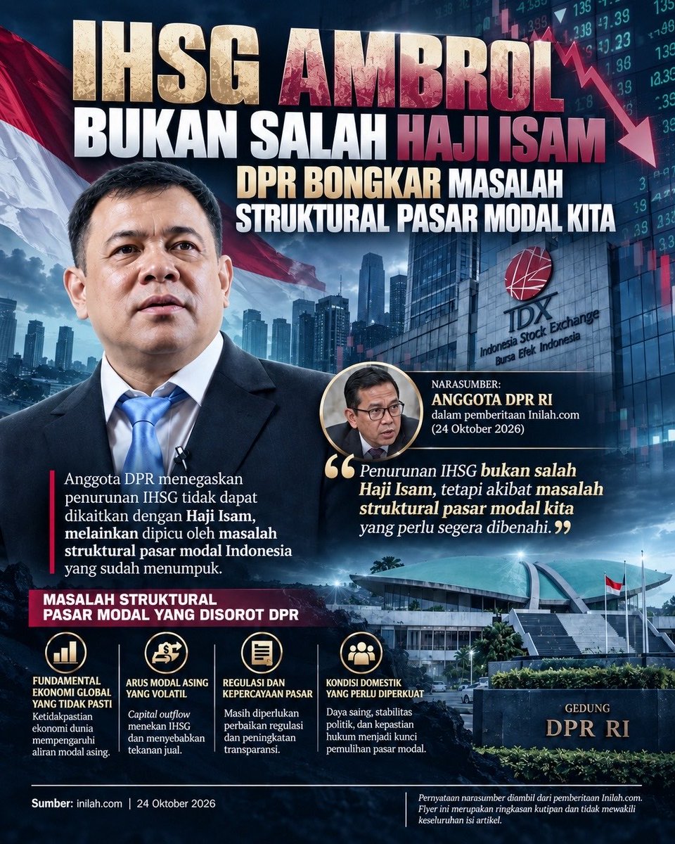 L1L178's tweet photo. Penyebab penurunan IHSG adalah akibat dari masalah struktural pasar modal kita yang perlu segera di benahi , di antaranya

1. Fundamental ekonomi global yg tdk pasti
2. Arus modal asing yg volatil 
3. Regulasi dan kepercayaan pasar 
4. Kondisi domestik yg perlu d perkuat ( daya saing, stabilitas politik dan kepastian hukum )

Itulah Yang menjadi kunci pemulihan pasar saham kita .