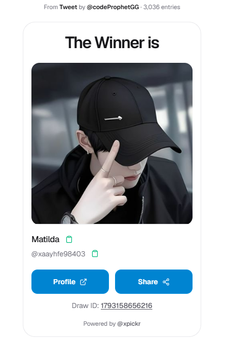 codeProphetGG's tweet photo. 💸Congrats to the winners!

- @JoresvYomre3092 
- @xaayhfe98403 
- @oxmnoies 

https://t.co/a4tyKmEIyZ https://t.co/jxw66FfeV4