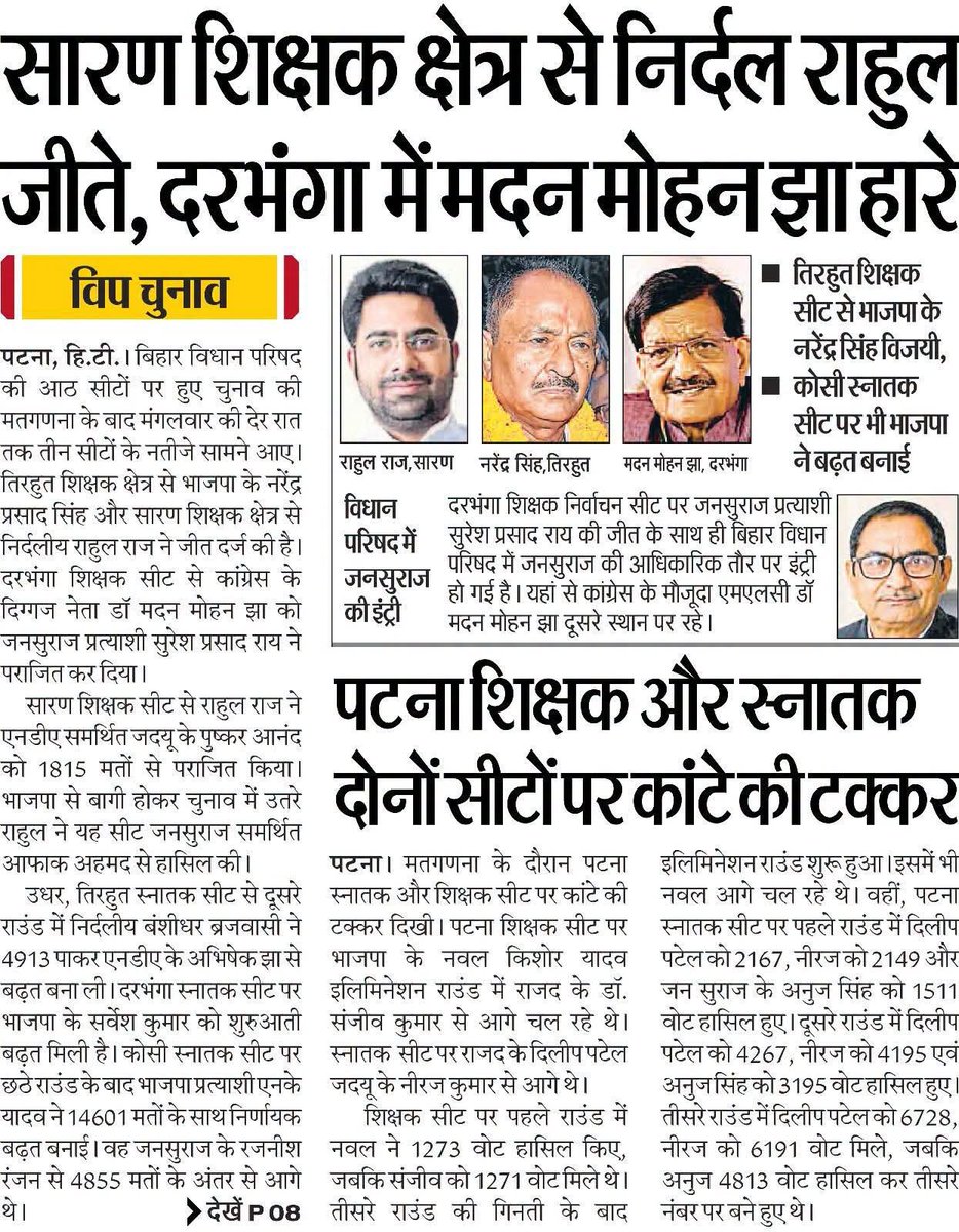RecentlyUpdates's tweet photo. 🌠शिक्षक MLC चुनाव अपडेट :- 
पटना शिक्षक MLC - डॉ. संजीव (राजद)
दरभंगा शिक्षक MLC - सुरेश राय (जन सुराज)
तिरहुत शिक्षक MLC - नरेंद्र प्रसाद सिंह (बीजेपी)
सारण शिक्षक MLC - राहुल राज (निर्दलीय) https://t.co/NtOOXJV2Uz