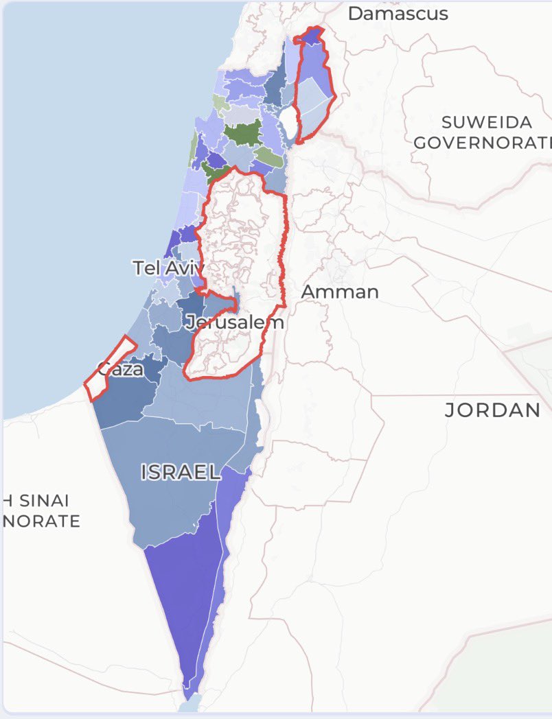 PollTracker2024's tweet photo. Israeli legislative election by region

🟦Netanyahu bloc
🟪Opposition bloc
🟩Arab parties 

Results via @RealAlbanianPat https://t.co/Yj8PEpCycI