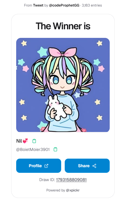 codeProphetGG's tweet photo. 🎁Congratulations to the TWO $100 winners:

- @BoietMoier3901 
- @xnoxvane 

https://t.co/b9HRFGYi6a https://t.co/T6WE4tDaua