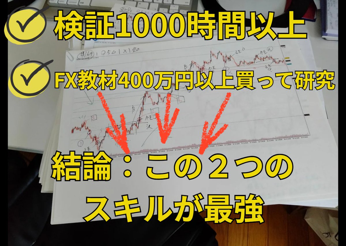 fx01swordfighte's tweet photo. 【FX】僕をどんな相場でも勝てる「本物」に変えてくれた２つのスキルの話
数年前の話です、その頃僕は…↓

一日８時間以上PCに張り付いて、
目が充血するほど、何度も何度も、
検証を繰り返していました。

検証をしすぎて、
夢の中でもトレードしていました（笑）

そんな日々の中でFX攻略のために
超～重要なことに気が付いたんです。
僕はその瞬間に「これだ！」と思いました。

今でこそ、トレード１回で
７万とか１０万の利益を獲得したり、
友達と飲みに行っている間に
スマホを見たら勝手に５万円増えていたり
そんな状態になりましたが、

そんな僕も昔は負けてばかりでした。

エントリーしても損切、
やってもやっても上手くいかない。

何度も新しい手法を試しては
また失敗の繰り返し。

「なんでこんなに勉強しているのに上手くいかないんだよぉー！！」
と、シャワー中に思わず叫んだこともあります。

僕のなかでトレードが上手くいくようになった転換点は
大きく２つあります。

１つはトレンドに正しく乗れるようになったこと。

FXは結局「値幅」のゲームです。

どんなけ上がったか、下がったか、
その値幅が利益になります。

であれば、狙うべきは伸びているトレンド相場の時
これが正解です。

で、トレンドを正しく判別するには
ダウ理論が最強です。

ダウ理論をマスターすれば、
トレンドが出ているかどうかがわかるし、
転換して流れが変わるところもわかります。

ただ、ダウ理論を学ぶ時は１つ注意点。

一般にネットで出回っているダウ理論を学んでも勝てません。

原版となっているダウ理論の書籍には、
直近安値を抜いたら目線変更となっています。

が、これはポジション保有者の観点からみると、
正しくありません。

ここを誤って理解していると、

永遠に相場の転換に振り回されることになります。

もう一つ、
一般的なダウ理論の間違いとして、
複数時間足の連鎖反応を前提として説明されていないことです。

日足、４時間、１時間足、
FXではいくつもの時間足があります。

各時間足ごとにダウ理論の目線が存在し、
それらを合算して考えられないと機能しません。

ネットや書籍でダウ理論を学んでも、
なかなかうまくいかない理由がここにあります。

もし僕が提唱する「複数時間足ダウ理論」に興味がありましたら、
以下のnoteを見てみてください。
↓
https://t.co/LewaPMkLSF

これ見たらFXの世界変わりますよ。

さて、上記はダウ理論に関する内容でしたが、
僕がFXを攻略できた秘密はもう一つあります。

それは市場心理プライスアクションです。

単なるプライスアクションではなく、
市場の心理をロウソク足から読み解いて
今とるべきポジションを判定するスキルです。

これがマジで最強でして。

ダウ理論はFX攻略の基本中の基本なのですが、
市場心理プライスアクションは専業やプロを目指す人に必須のスキルです。

ダウ理論だけでも月間でプラスにするくらいは余裕なんですが、
長く安定して勝つためには市場心理のプライスアクションも分かっておいた方がいいです。

理由としては、

今の僕が過去を振り返ったときに、
もし市場心理プライスアクションを学んでいなかったら
「めっちゃ困っただろうな～」と思うことがあるからです。

◆ポジション保有中に逆行されて不安になるを解決

トレンドで押し目買いをしても、
すぐに上昇するとは限りません。
どこまで伸びるかも不明です。

そんな時、市場心理プライスアクションがあれば
ロウソク足の勢いを分析して流れが弱まってきたな～というのが分かるので、
迷いなく決済ができます。
逆に勢いがまだある時はポジションを保有する判断ができるので、
利益を最大まで伸ばせます。
僕はこれで以前より１回あたりの利益が２倍～３倍に増えました。

◆チャートパターンに騙されなくなる

Wトップや三尊天井、トライアングル・・・
色んなチャートパターンがあります。

しかし、そうした形だけをみてエントリーしても
反対方向にいかれて損切の嵐です。

大事なのは、そのパターンを形成した時の
市場の心理です。

ロウソク足の裏側が読めないと、
本当は合意形成できていないチャートパターンに騙されます。
そし自分のて大事なお金を失ってしまう。

でも、市場心理がわかるようになれば
目の前のチャートパターンが本物かどうか
わかるようになります。

当然、勝率はめっちゃ上がります。

◆トレンド相場以外で戦えない状態を脱出

僕は昔、トレンド相場ばっかり
狙ってやっていました。

でも、相場の８割はレンジです。

目の前で相場が動いているのに、
ただ指をくわえて待っているのは大変つらかったです。

目の前のチャンスを逃しているようだったのです。

でも、市場心理プライスアクションをマスターしてからは変わりました。

トレンドでもレンジでも関係なく勝てます。

どんなに難しい相場でも戦っていける圧倒的な自信をくれたのは、
市場心理プライスアクションでした。

ロウソク足からその背後にあるポジションが見えて、
今市場が考えていること、これから進もうとしていることがわかるというのは、マジでチートすぎる状態です。

今、FXで悩んでいる人はぜひこのスキルを磨いてみて欲しいと心から思います。

詳しくはこちらでも解説しています
↓
https://t.co/q7KPqY88QR