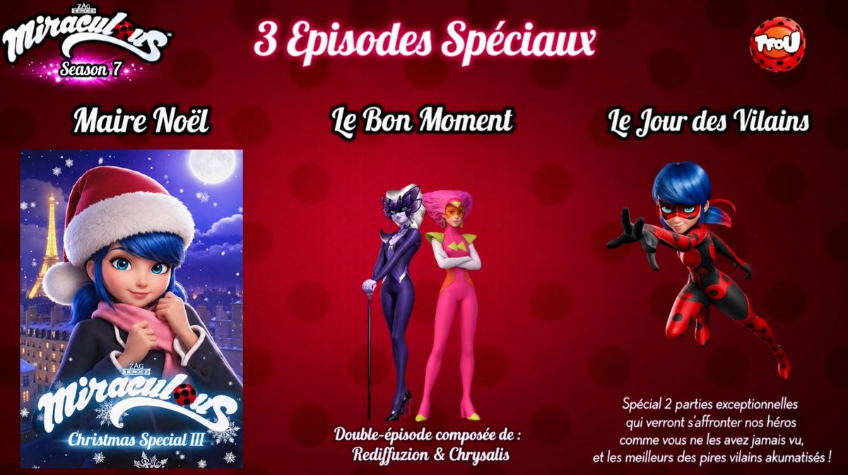 MLB_Shadybug1's tweet photo. 🚨🚨 BREAKING: Tfou announces 3 special episodes planned for #MiraculousSeason7: 

#1. ‘Mrs. CLAWS’ 

#2. ‘THE RIGHT TIME’

#1. ‘THE VILLAINS' DAY’ 

#MLBS7Spoilers #mlbtwt #mlb
#Maribug #Adrichat #LilaRossi
#Ladybug #CatNoir #Chrysalis https://t.co/OAeZqk1oWH