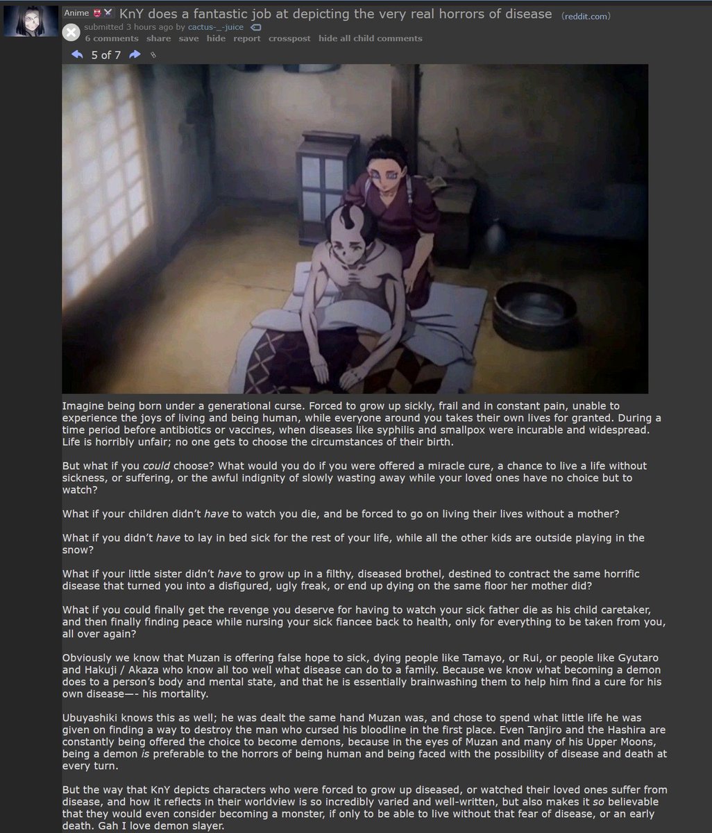 Yiunderh's tweet photo. really great write up on an otherwise dead subreddit for demon slayer

demon slayer is a very buddhist story, and one of the core tenets of buddhism is the intense inevitability of aging, illness and death.

https://t.co/0bG9JL9uiw https://t.co/l4ydLJF1KP