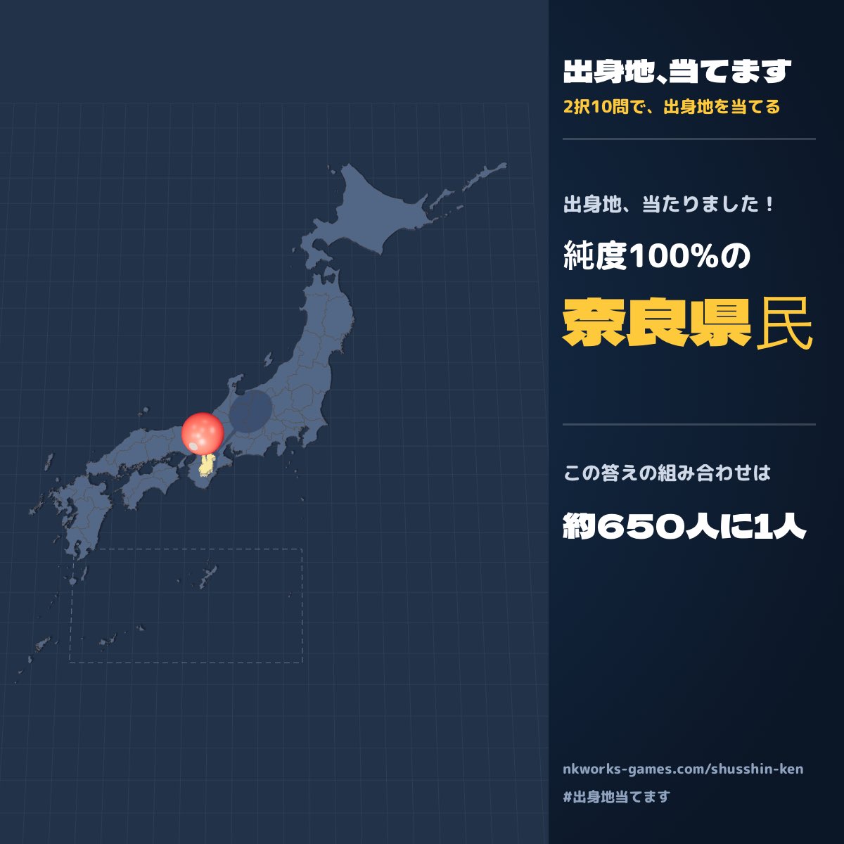 mizukaze61's tweet photo. 2択10問で出身地を当てられた…！ 純度100%の奈良県民でした。この答えの組み合わせは約650人に1人 #出身地当てます https://t.co/Z0pgRUvy5I https://t.co/XiM1tEJfmV