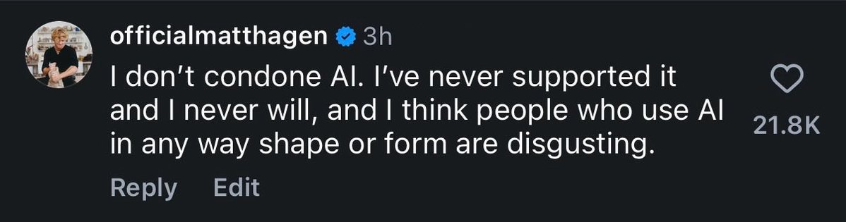 DCUCrave's tweet photo. Despite his injuries, Matt Hagen has commented on AI generated images of him being shared regarding his incident. 

“I don’t condone AI. I’ve never supported it and I never will, and I think people who use AI in any way shape or form are disgusting.” https://t.co/bUpPJmxDoB