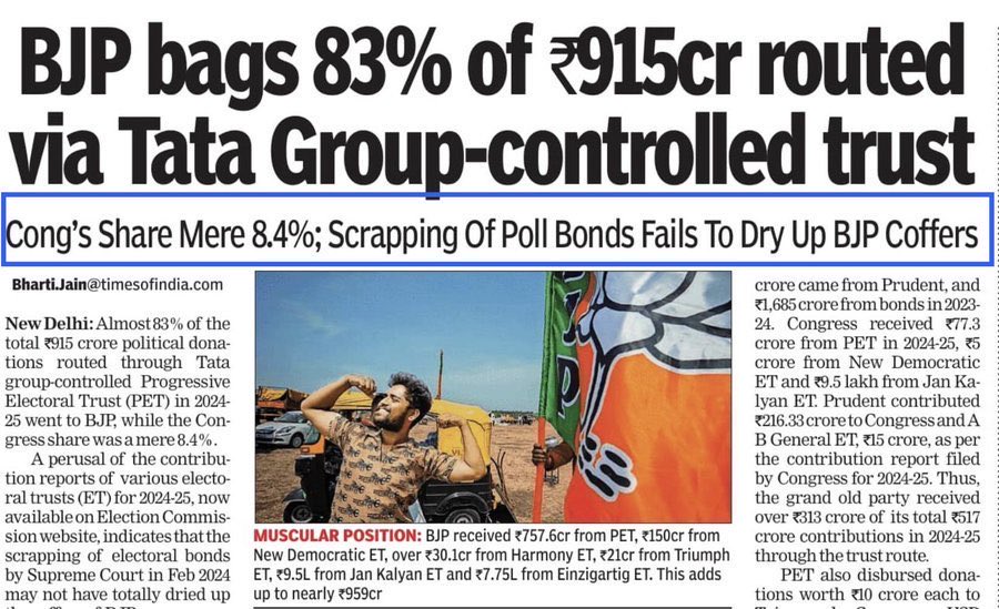 TheSincereDude's tweet photo. Rahul Gandhi asks why business leaders stay quiet. But Tata's silence isn't cowardice. It's a ledger.

Read the timeline:

Subsidies of over Rs 44,000 crore for two Tata chip plants were announced. Weeks later, Tata's electoral trust gave the BJP Rs 757 crore. That is 83% of everything the BJP got from electoral trusts. Congress got Rs 77 crore.

Coincidence or conflict of interest, and who should investigate?
