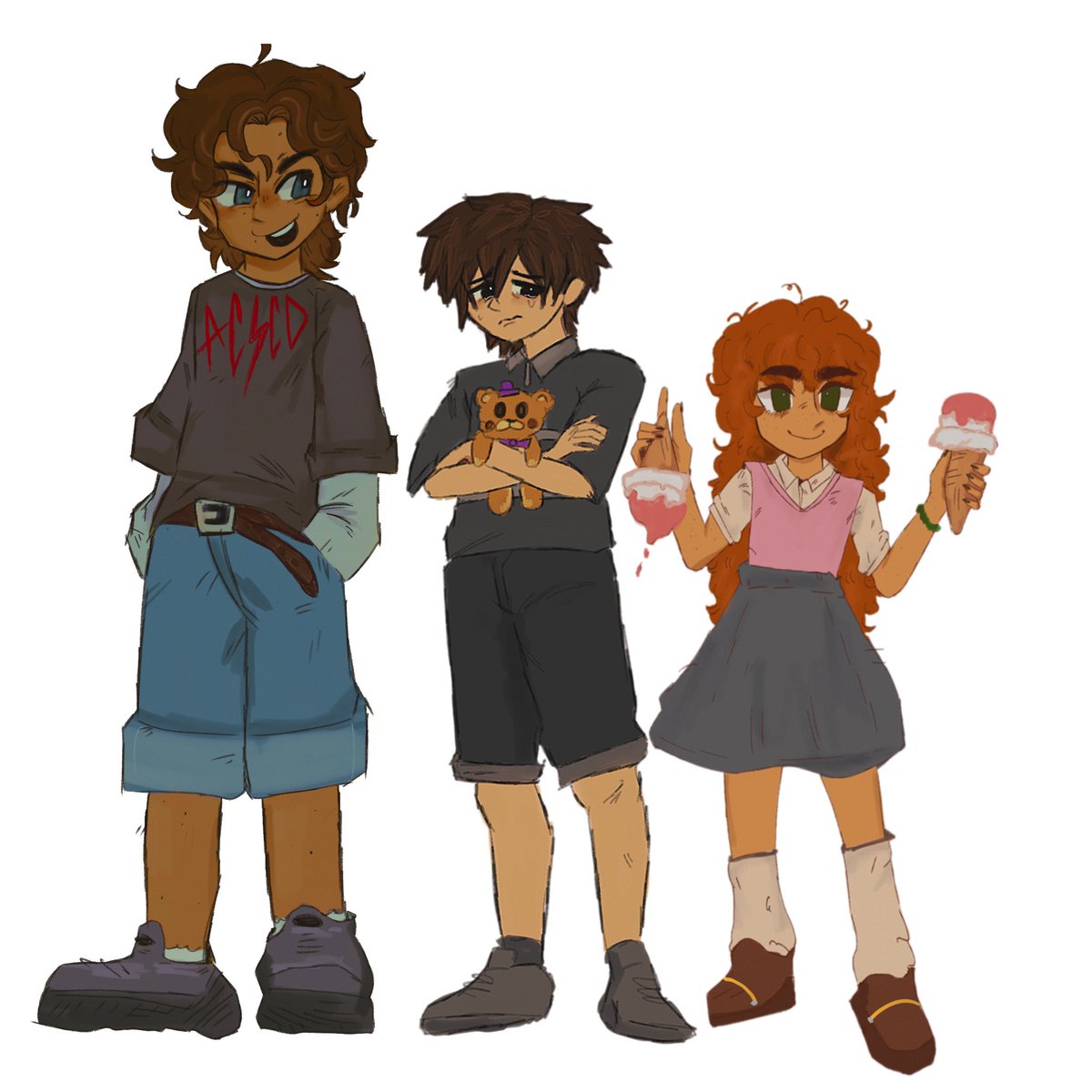 PurpleCorpsez's tweet photo. My Afton kid designs, don’t look at how different the art styles are I went back to this every couple weeks to add another kid whoops 
The Afton kids all have a different mom in my au as well, though Elizabeth doesn’t know that lol https://t.co/T6AsMWc9yC