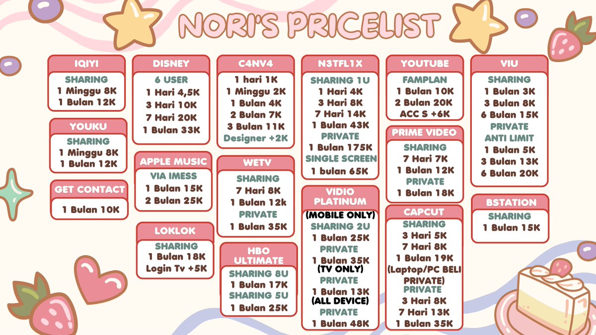 rteceived's tweet photo. Sini bisikin aku Mau order apa? Mari skuy aku ada Rekomendasi buat kamu yang mau nonton film plus edit anti gangguan? Mau buy Netflix Disney Viu Loklok HBO Youtube Canva Iqiyi Wetv Prime vidio Hbo capcut dan yang lain? Gass beli nori aja, order ke DIKOMEN!!!
#zonauang #zonajajan https://t.co/QDkQwode4m