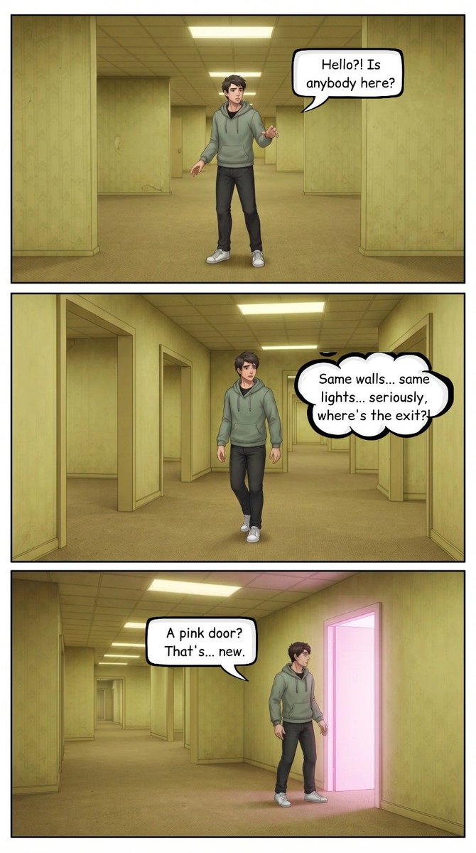 lindasofi555's tweet photo. Lost in endless yellow hallways...

Then comes a pink door. 🚪💗

Inside? A room full of wigs. And something that definitely isn't normal.

What could possibly go wrong? ✨

🎃 PINKROOMS — Pages 1 &amp; 2

#Pinkrooms #TransformationComic #GenderBender #SpookySeason https://t.co/OapvCxQ2v4
