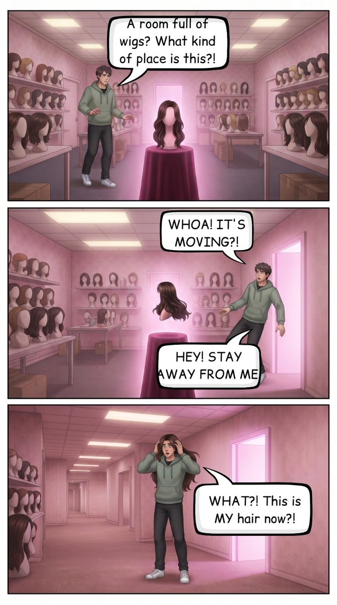 lindasofi555's tweet photo. Lost in endless yellow hallways...

Then comes a pink door. 🚪💗

Inside? A room full of wigs. And something that definitely isn't normal.

What could possibly go wrong? ✨

🎃 PINKROOMS — Pages 1 &amp; 2

#Pinkrooms #TransformationComic #GenderBender #SpookySeason https://t.co/OapvCxQ2v4