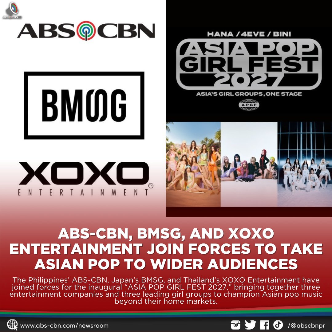 ABSCBNpr's tweet photo. Asian pop girl power, all on one stage! 🌏💖 

BINI 🇵🇭, HANA 🇯🇵, and 4EVE 🇹🇭 unite for ASIA POP GIRL FEST 2027, presented by ABS-CBN, BMSG, and XOXO Entertainment.

#AsiaPopGirlFest2027 #BINI #HANA #4EVE https://t.co/9Unz4ATN6b