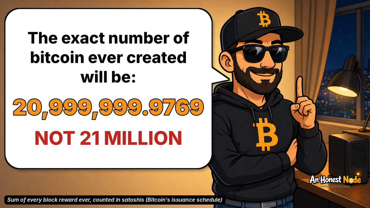 AnHonestNode's tweet photo. The exact number of bitcoin ever created will be 20,999,999.9769 not 21M https://t.co/EI8UrugGG3