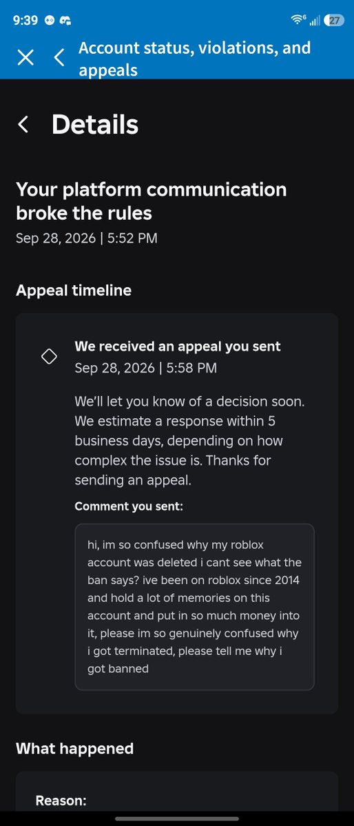 corpsefliesrblx's tweet photo. roblox straightup lied to me. i was told i couldn't get support because my moderation was over 30 days ago-- this is not true.

my account was banned on september 28th, making it just 22 days. i had also sent a appeal then, to get no support. @Roblox #roblox  #robloxbanwave https://t.co/PzZgxJMkZa