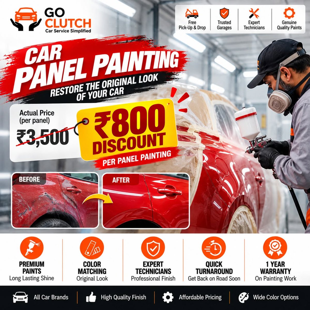 GoClutch1's tweet photo. 🚗✨ Give your car a fresh look with Go Clutch!

🎨 Car Panel Painting Offer:
₹3,500 → ₹2,700 per panel
🔥 Save ₹800 per panel!
✅ Premium paints
✅ Expert technicians
✅ Color matching
✅ 1-year painting warranty
Your car deserves a flawless finish! 🧡

#GoClutch #CarPainting #CarCare #CarRepair #HyderabadCars