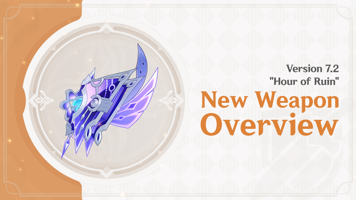 GenshinImpact's tweet photo. Version 7.2 "Hour of Ruin" New Weapon Overview
#GenshinImpact 

Hello, Traveler~! Today, Paimon wants to introduce you to the brand-new weapon that will be appearing in Version 7.2! Come on, let's take a look~
(Examples based on Level 90 and Refinement Rank 1)

The "Epitome Invocation" Wish will become available after the Version 7.2 update on November 4. During this period, the new weapon "Starsealed Edict" (Catalyst) will receive a huge drop-rate boost!