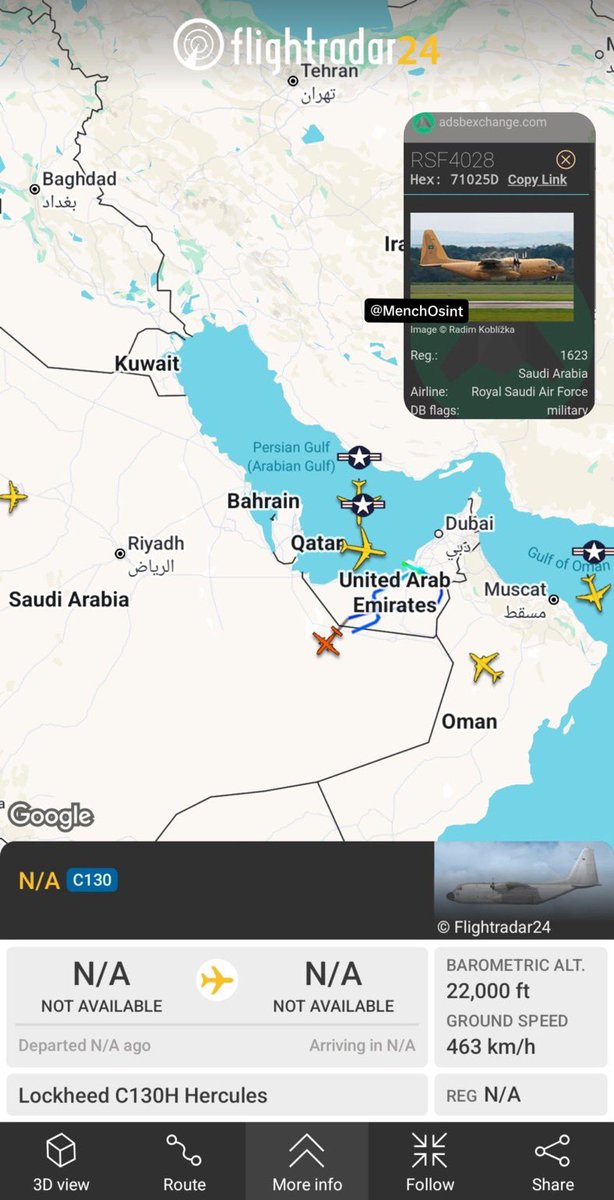 gang_uae's tweet photo. 🔴 عــــاجـــــل ( حسب Flightradar24 ) :

طائرة عسكرية سعودية تصل إلى الإمارات ..

• طائرة تابعة للقوات الجوية الملكية السعودية من طراز C-130H تهبط في مطار البطين للطيران الخاص في العاصمة ابوظبي حيث تنقل مسؤولين رفيعي المستوى 🇦🇪🇸🇦✈️ https://t.co/4braMZXNeR
