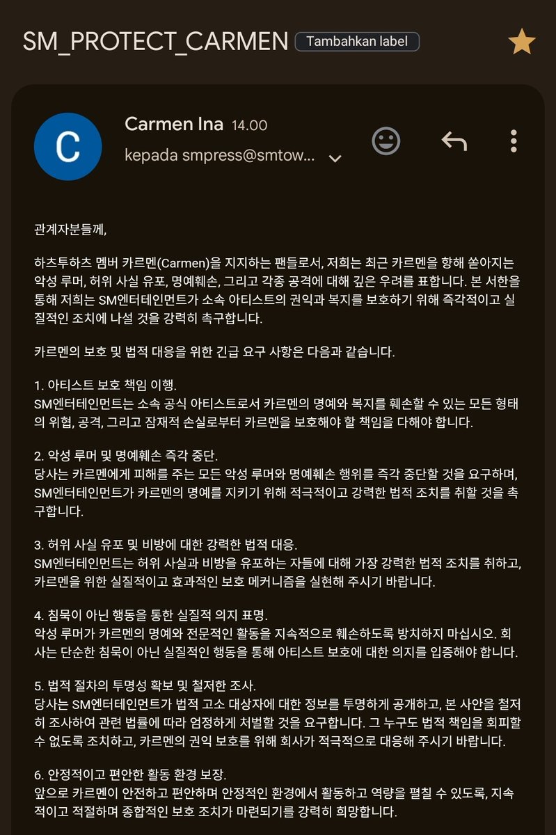 H2HCARMEN_INA's tweet photo. 🚨 MASS EMAIL FOR CARMEN 🚨

Let's urge SM Entertainment to take immediate and decisive action to protect Carmen from malicious rumors, defamation, and false information.

📧 Email templates and details below! 👇

Send email to the following email addresses:
• protect@smtown.com
• smpress@smtown.com

To avoid being flagged as spam due to identical subject lines and message content, please create custom email titles and slightly add or revise parts of the body text each time.