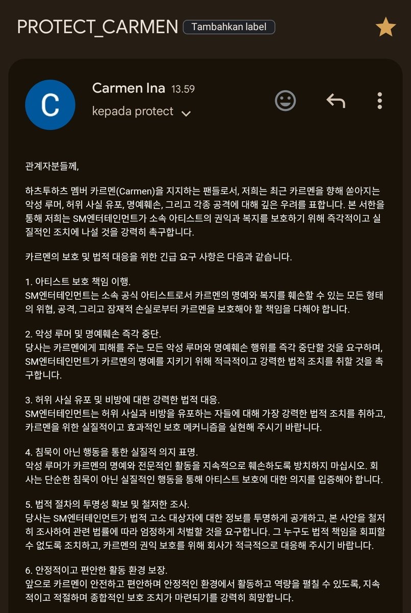 H2HCARMEN_INA's tweet photo. 🚨 MASS EMAIL FOR CARMEN 🚨

Let's urge SM Entertainment to take immediate and decisive action to protect Carmen from malicious rumors, defamation, and false information.

📧 Email templates and details below! 👇

Send email to the following email addresses:
• protect@smtown.com
• smpress@smtown.com

To avoid being flagged as spam due to identical subject lines and message content, please create custom email titles and slightly add or revise parts of the body text each time.