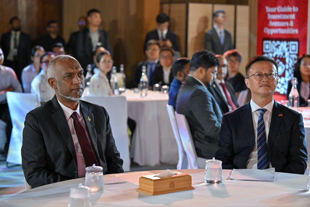 presidencymv's tweet photo. His Excellency President Dr @MMuizzu attends the opening ceremony of the China-Maldives Investment Cooperation Forum, held alongside the Maldives Expo 2026. The forum brings together business communities from both countries to explore investment opportunities and strengthen commercial ties.
