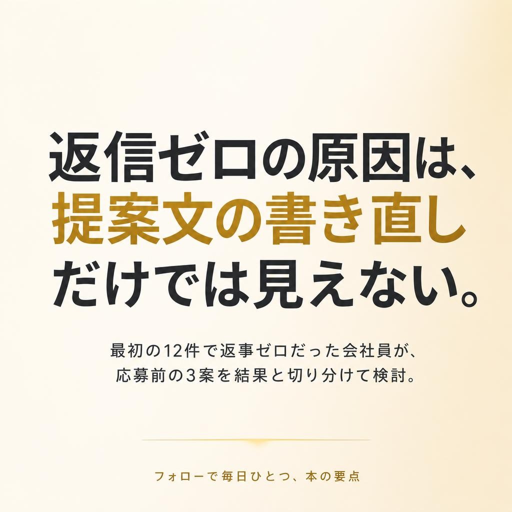 1229miyata's tweet photo. 返信ゼロの原因は、提案文の書き直しだけでは見えない。
最初の12件で返事ゼロだった会社員が、応募前の3案を結果と切り分けて検討。送信前の6項目と変更記録も紹介。三日坊主のわたしにも、これは刺さった。
試した手順と結果、今日できる1つの作業をnote…

▼記事はこちら
https://t.co/XjJu3KhBbW https://t.co/N8H7nFaLuQ
