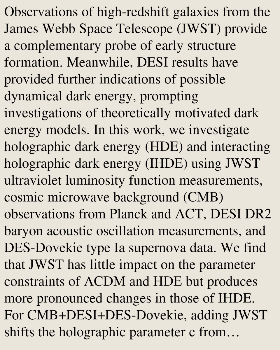 PhysicsPaper's tweet photo. New constraints on holographic dark energy with high-redshift galaxy observations from JWST

Sheng-Han Zhou, Tian-Nuo Li, Guo-Hong Du, Yi-Min Zhang, Yun-He Li, Jing-Fei Zhang, Xin Zhang
https://t.co/53VGVI9HUJ [𝚙𝚑𝚢𝚜𝚒𝚌𝚜.𝚐𝚎𝚗-𝚙𝚑] https://t.co/5MXo0UXfc2