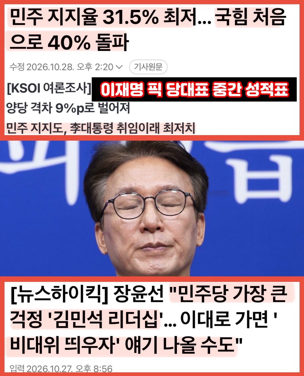 sharpark30's tweet photo. 이재명 픽 당대표가 당 지지율 최저치를 찍었다.
더 늦기전에 김민석 사퇴시키고 조희대 탄핵해야 한다. https://t.co/omwO57Rs6q